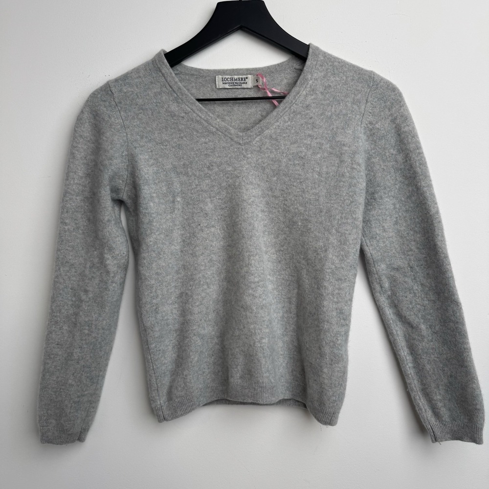 Lochmere Cashmere Sweater Womens S Gray Vneck Warm Soft Long Sleeve Pullover
